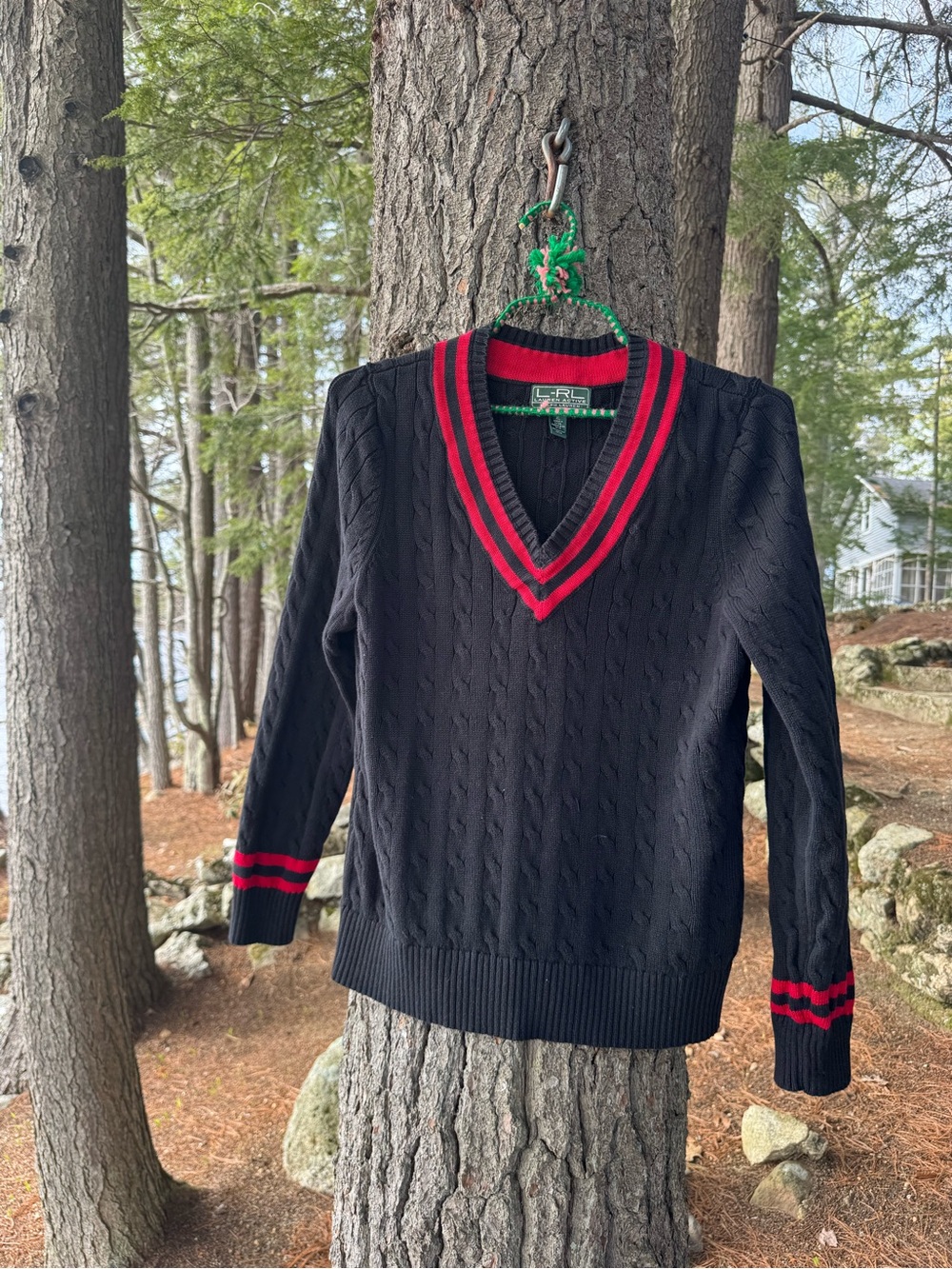 L-RL Ralph Lauren Black Cable Knit Sweater Red Stripes XL